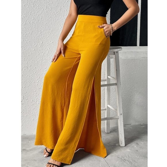 Yellow Boho Womens Split Thigh Wide Leg Pants - Picture 2 of 7